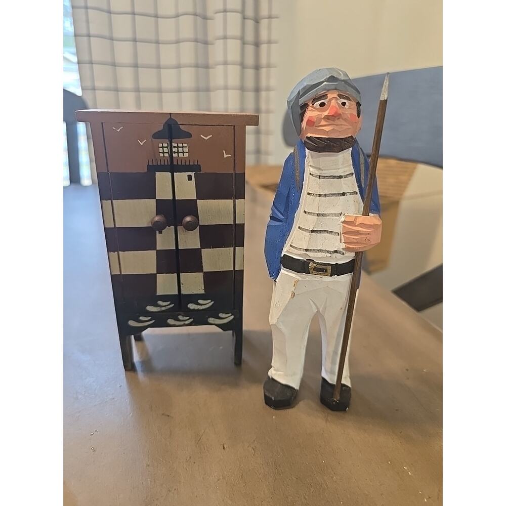 Hand Carved Hand Painted Wood Fisherman Sailor Captain Nautical Theme Lighthouse